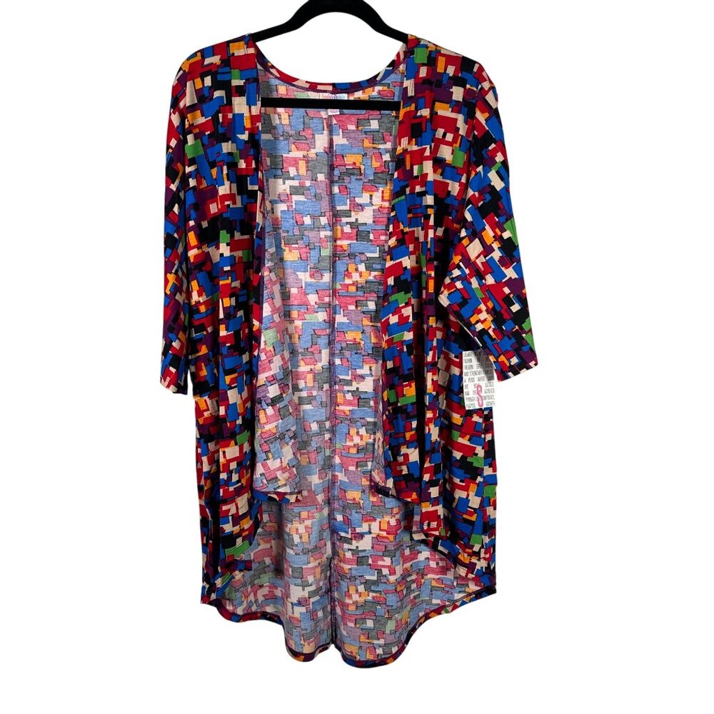 LuLaRoe LINDSAY Colorful Stretch Red Cardigan Shrug Kimono 3/4 Sleeves SMALL S
